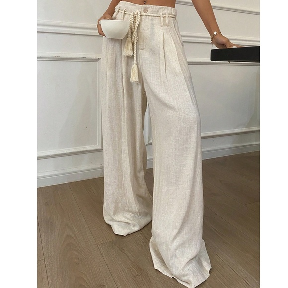 Classic Solid Wide Leg Linen Drawstring Waist Trouser Pants - Picture 7 of 9